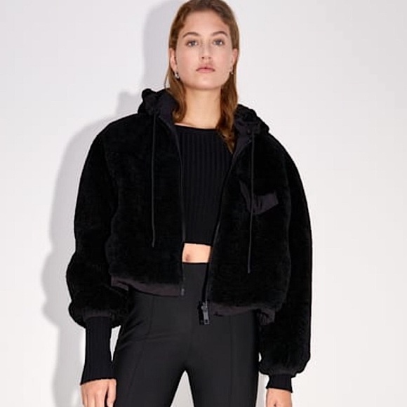 Zara women’s sherpa teddy reversible hooded bomber jacket black size large - Picture 1 of 9